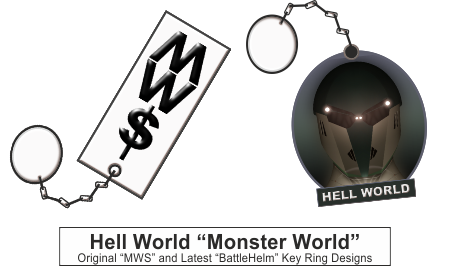 Illustrating Hell World key rings, the original Monster World design and the current Battle Helm style rewards.