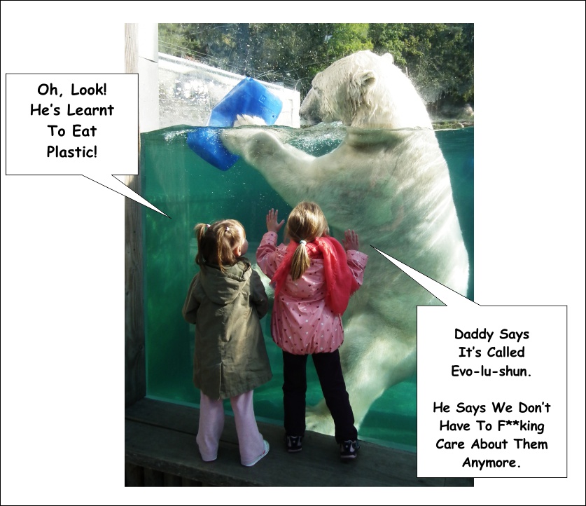Climate Change - children admire polar bear's evolution to eat plastic.