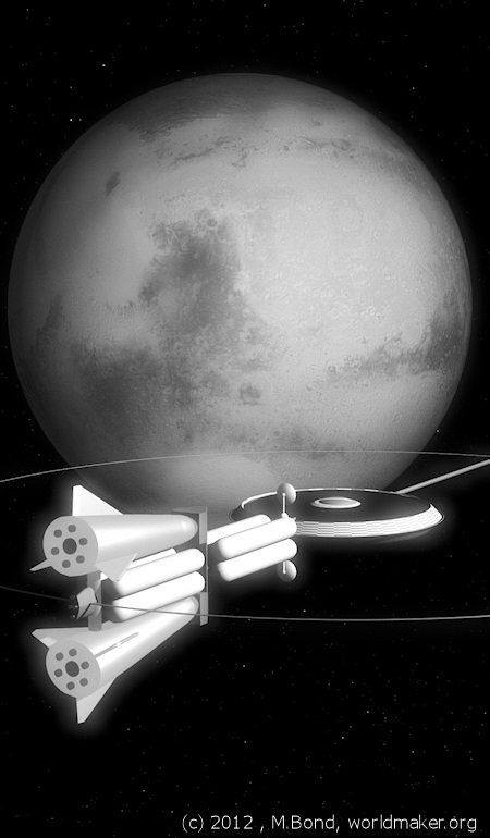 SpringShip to Mars, illustration of the SpringShip arrving at Mars
